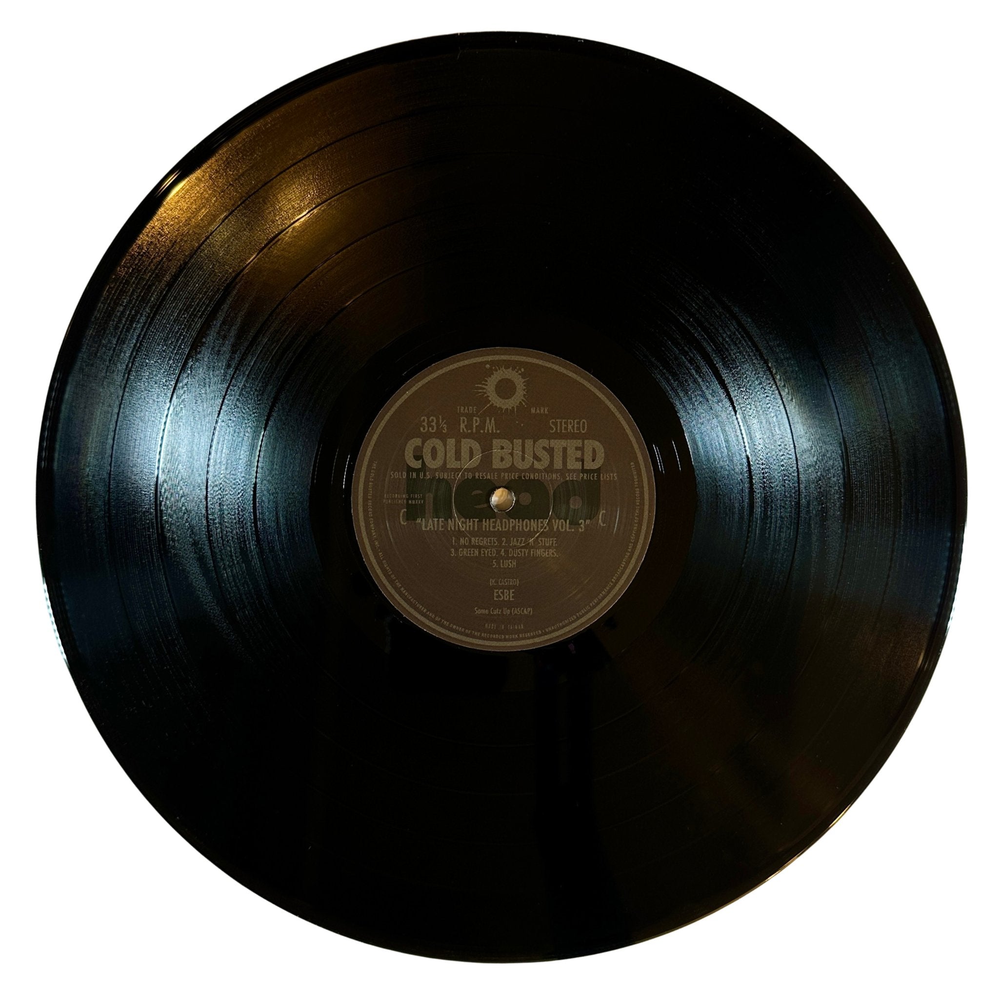 Vinyl record with a label on a white background