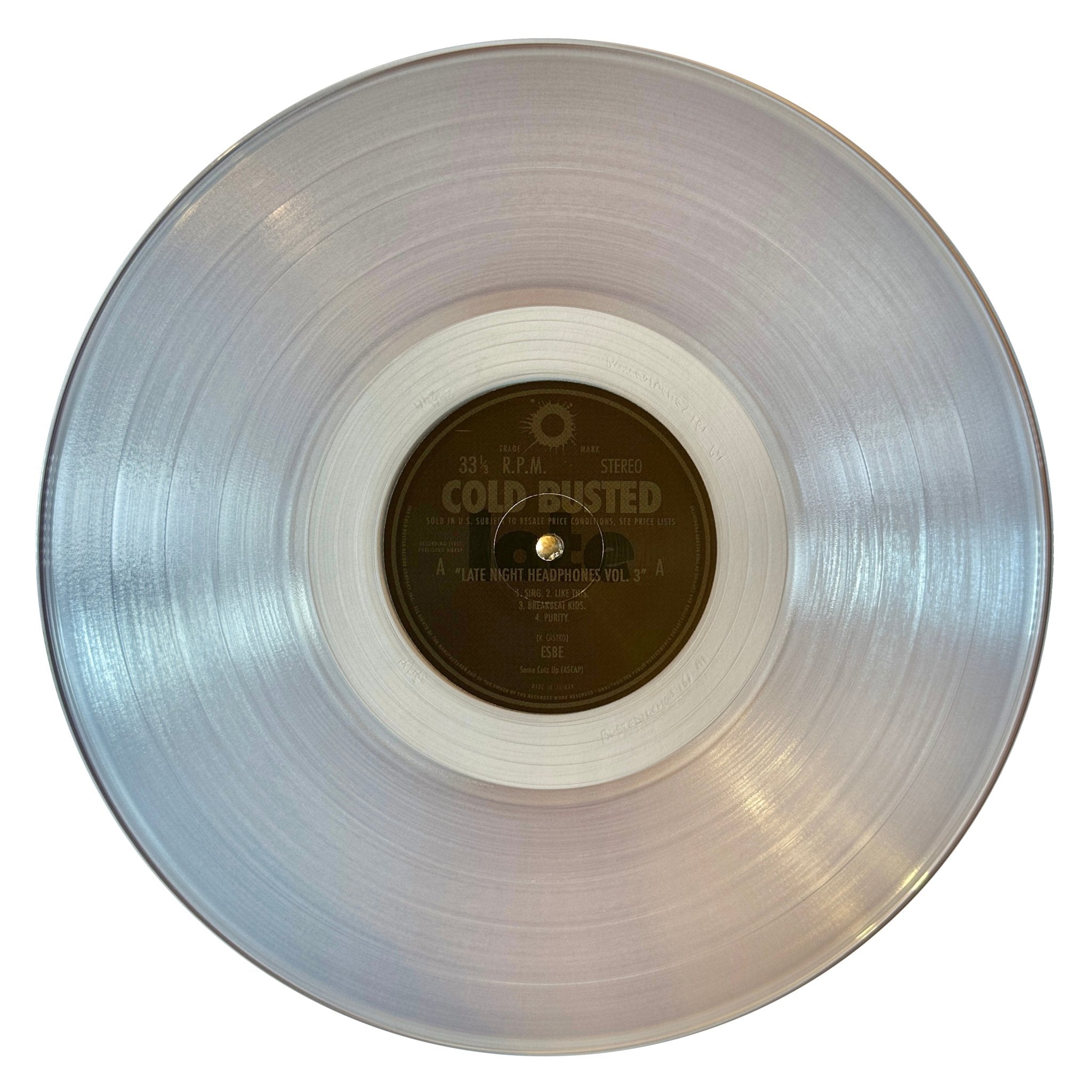 Clear vinyl record with a label on a white background