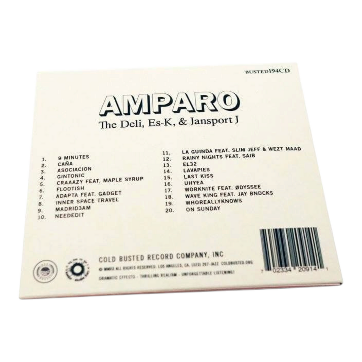 Back cover of COLD BUSTED Amparo album by The Deli, Es-K, and Jansport J featuring the tracklist on white background