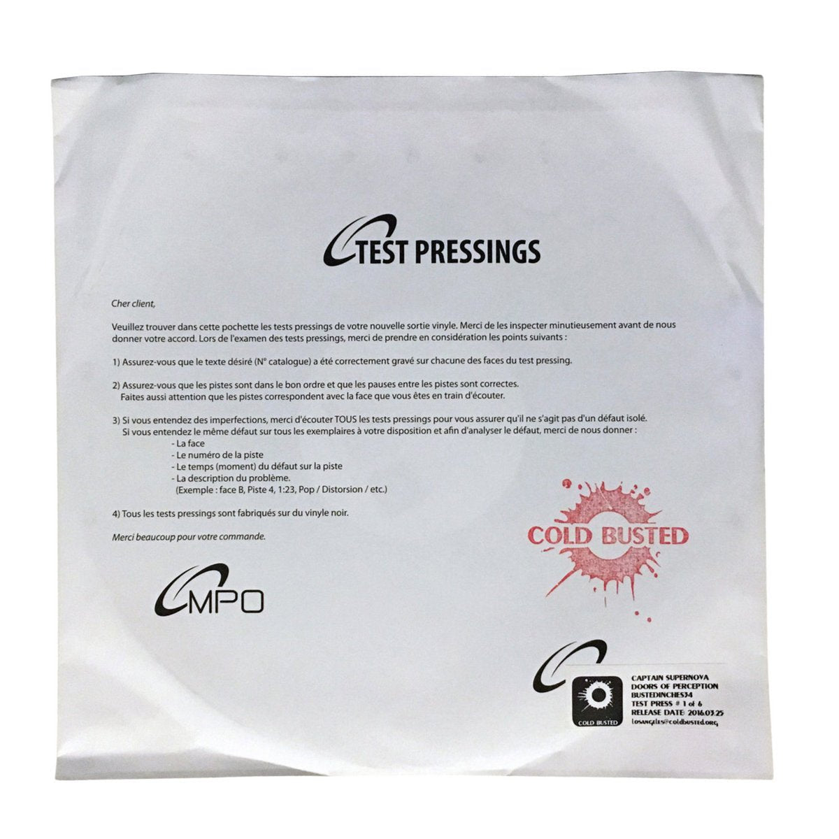 Captain Supernova - Doors of Perception - Limited Edition 12 Inch Vinyl Test Pressing - Cold Busted