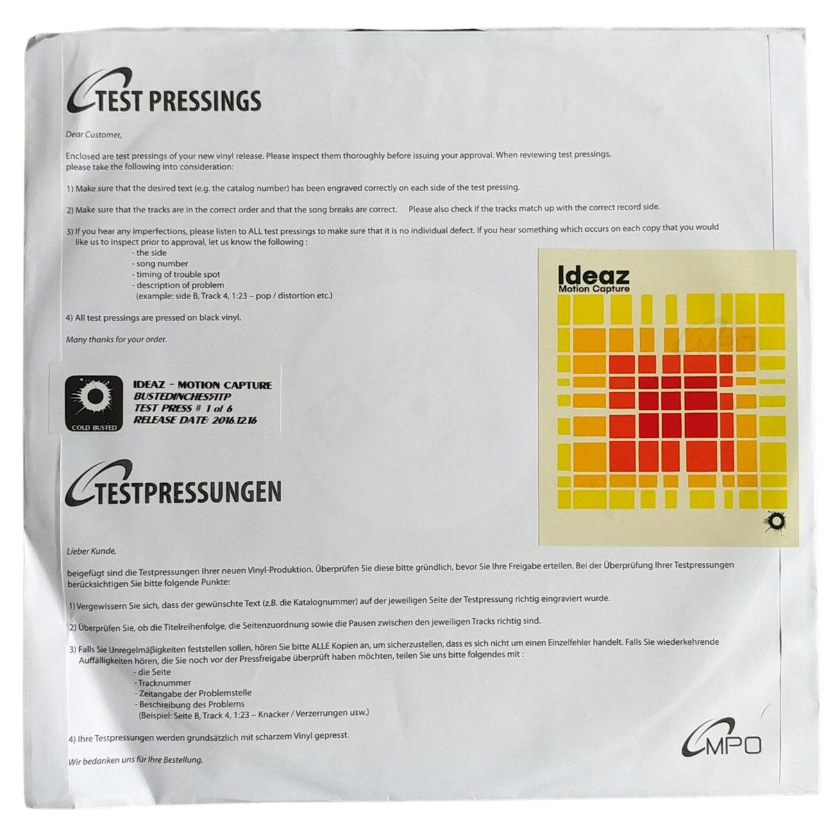 Ideaz - Motion Capture - Limited Edition 12 Inch Vinyl Test Pressing - Cold Busted